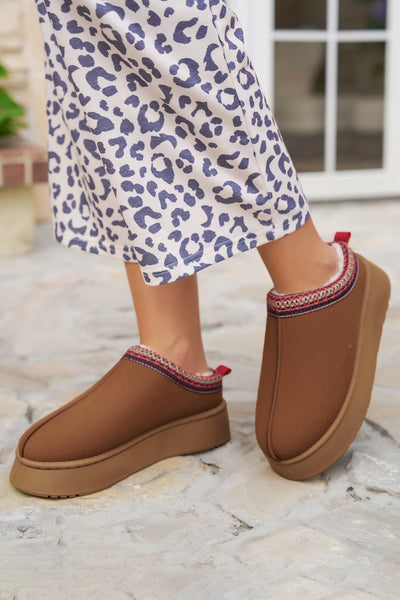 Chestnut Suede Contrast Print Round Toe Plush Lined Flats-Shoes & Bags-MomFashion