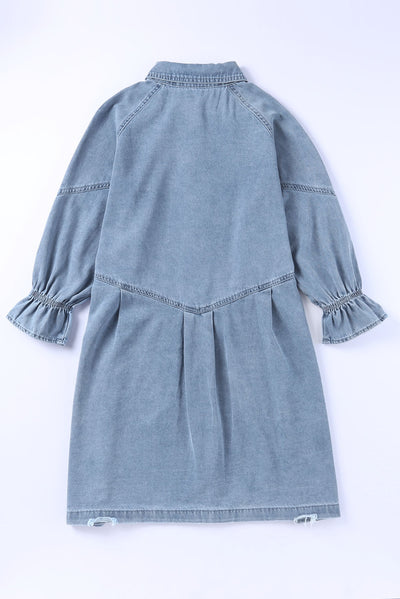 Sky Blue Buttoned Long Sleeve Denim Mini Dress-Dresses-MomFashion