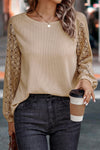 Light French Beige Lace Patch Sleeve Waffle Knit Top-Tops-MomFashion