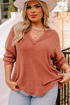 Gold Flame Plus Size Exposed Seam V Neck Long Sleeve Top-Plus Size-MomFashion