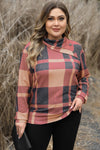 Mineral Red Plus Size Plaid Print Button Decor Asymmetric Neck Top-Plus Size-MomFashion