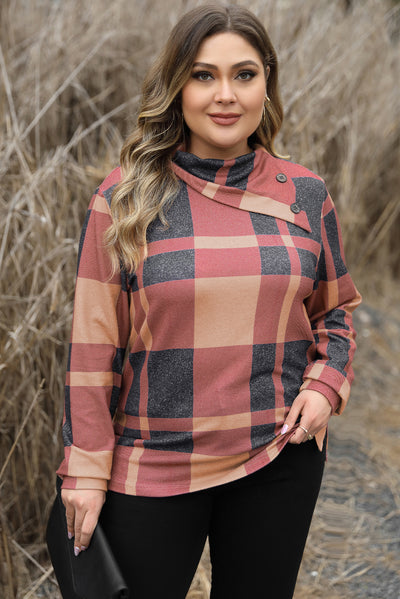 Mineral Red Plus Size Plaid Print Button Decor Asymmetric Neck Top-Plus Size-MomFashion