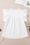 White Ruffle Accent Flutter Sleeve Notch Neck Top-Tops-MomFashion