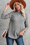 Gray Crew Neck Ribbed Trim Waffle Knit Top-Tops-MomFashion