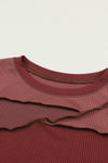 Fiery Red Expose Seam Color Block Ribbed Knit Top-Tops-MomFashion