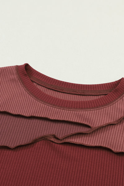 Fiery Red Expose Seam Color Block Ribbed Knit Top-Tops-MomFashion