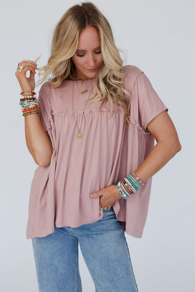 Light Pink Ruffled Trim Loose Babydoll Tee-Tops-MomFashion