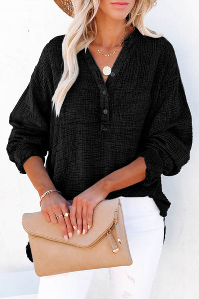 Black Crinkle Textured Loose Henley Top-Tops-MomFashion