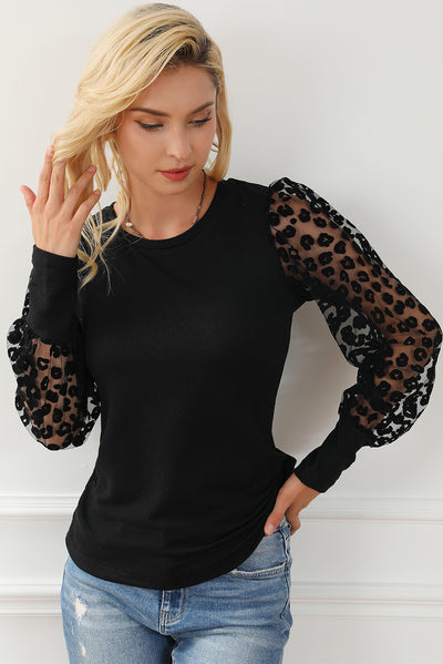 Black Leopard Mesh Puff Sleeve Patchwork Slim Fit Top-Tops-MomFashion