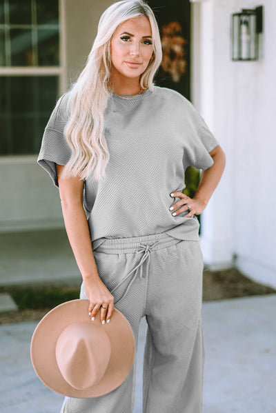 Gray Textured Loose Fit T Shirt and Drawstring Pants Set-Loungewear-MomFashion