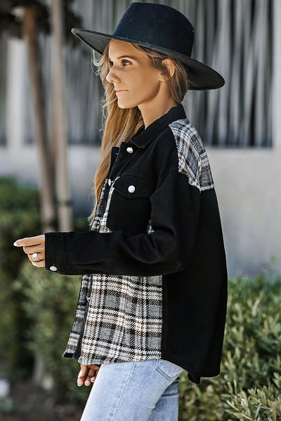 Black Plaid Patchwork Raw Hem Denim Jacket-Outerwear-MomFashion