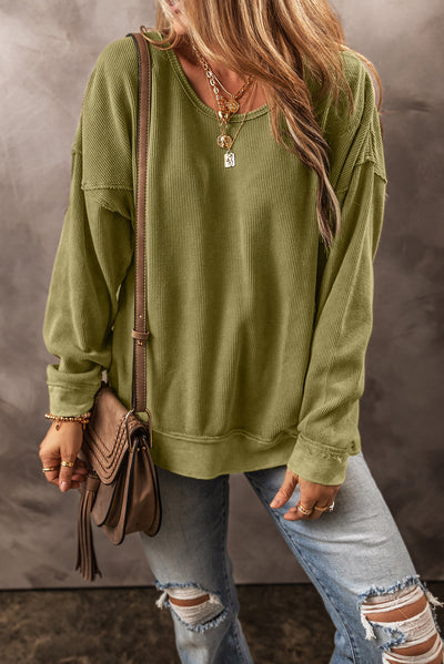 Jungle Green Textured Seamed Drop Sleeve Sweatshirt-Tops-MomFashion