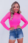 Rose Rhinestone Mesh Long Sleeve Bodysuit-Tops-MomFashion