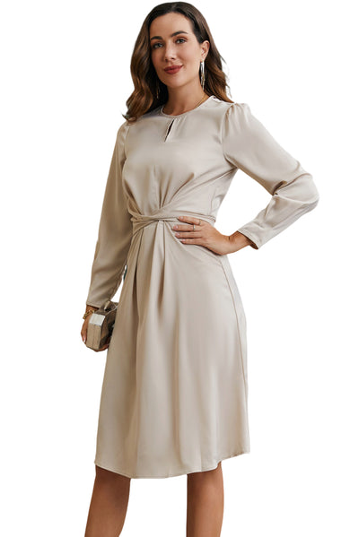 Apricot Twist Front Tie Back Long Sleeve Satin Dress-Dresses-MomFashion