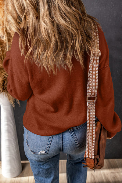 Brown Turtleneck Drop Shoulder Bubble Sleeve Knit Sweater-Tops-MomFashion