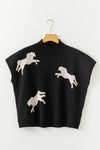 Black Lively Cheetah Pattern High Neck Short Sleeve Sweater-Tops-MomFashion