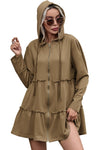 Khaki Tiered Ruffled Zip-Up Drawstring Hooded Jacket-Outerwear-MomFashion