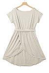 Khaki Stripe Short Sleeve Belted Wrapped Hemline T-Shirt Dress-Dresses-MomFashion