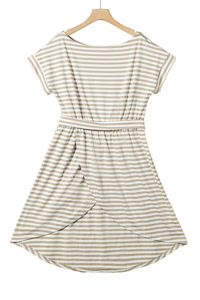 Khaki Stripe Short Sleeve Belted Wrapped Hemline T-Shirt Dress-Dresses-MomFashion