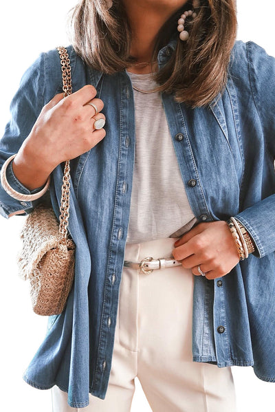 Sky Blue Button-up Long Sleeve Denim Shirt Jacket-Outerwear-MomFashion