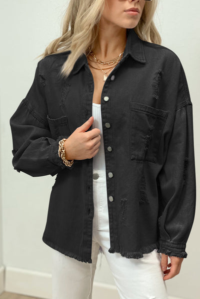 Black Distressed Fringe Trim Denim Jacket-Outerwear-MomFashion