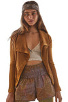 Brown Collared Asymmetric Ribbed Detail Motor Jacket-Outerwear-MomFashion