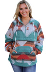 Multicolor Aztec Print Zipped Split Neck Hoodie-Tops-MomFashion