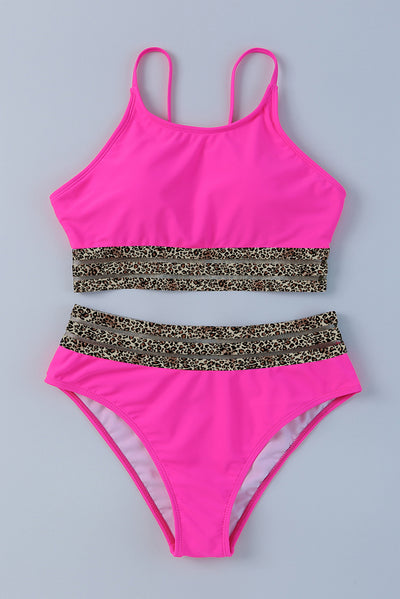 Rose Leopard Mesh Trim 2pcs Bikini Swimsuit-Swimwear-MomFashion