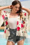 Beige Floral Print Scalloped Lace Splicing Kimono-Outerwear-MomFashion