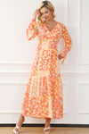 Orange Boho Floral Wrap V Neck Tie Long Sleeve Dress-Dresses-MomFashion