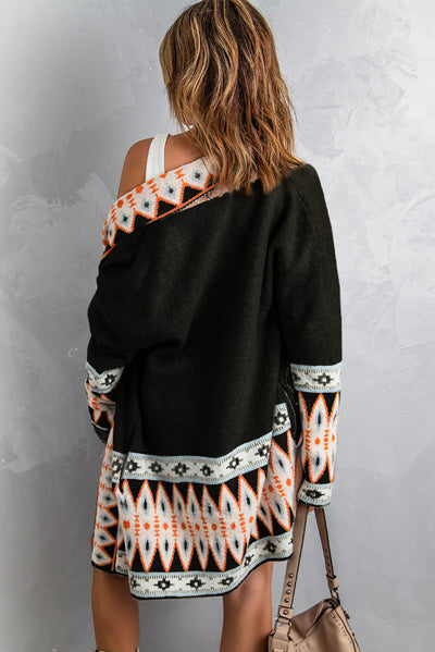 Black Aztec Print Open Front Knitted Cardigan-Tops-MomFashion