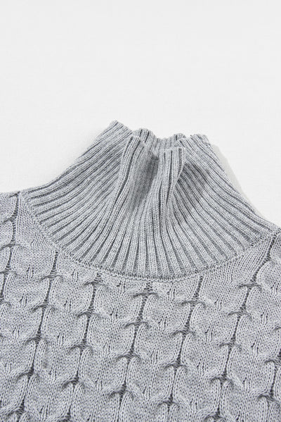 Medium Grey Cable Knit Turtleneck Batwing Sleeve Sweater-Tops-MomFashion