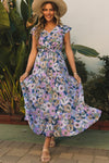 Purple Layered Ruffle Sleeves Long Floral Dress-Dresses-MomFashion