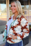 Fiery Red Western Aztec Buttoned Zipper Pockets Fleece Jacket-Outerwear-MomFashion