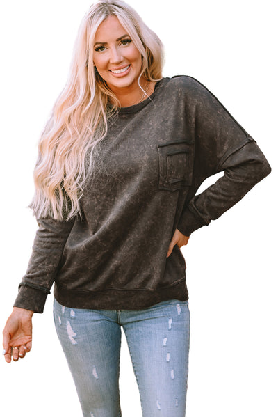 Gray Acid Wash Drop Shoulder Long Sleeve Sweatshirt with Pockets-Tops-MomFashion