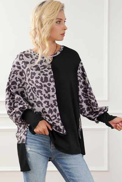 Black Leopard Patchwork Bishop Sleeve Slit Sweatshirt-Tops-MomFashion