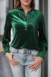 Blackish Green Frilled Neck Buttoned Front Velvet Top-Tops-MomFashion