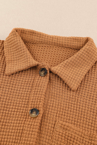 Brown Waffle Knit Button Up Casual Shirt-Tops-MomFashion