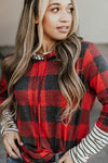 Fiery Red Christmas Plaid Striped Patchwork Drawstring Hoodie-Tops-MomFashion