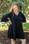 Black Plus Size Ruffled Trim 3/4 Sleeve Dress-Plus Size-MomFashion