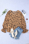 Leopard V Neck Ruffled Cuffs Loose Blouse-Tops-MomFashion