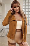 Brown Collared Asymmetric Ribbed Detail Motor Jacket-Outerwear-MomFashion