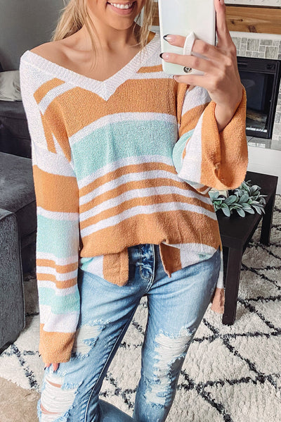 Multicolor Colorblock Stripe Long Sleeve Split Sweater-Tops-MomFashion