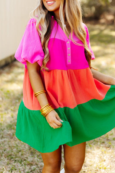 Multicolor Color Block Tiered Puff Sleeve Dress-Dresses-MomFashion