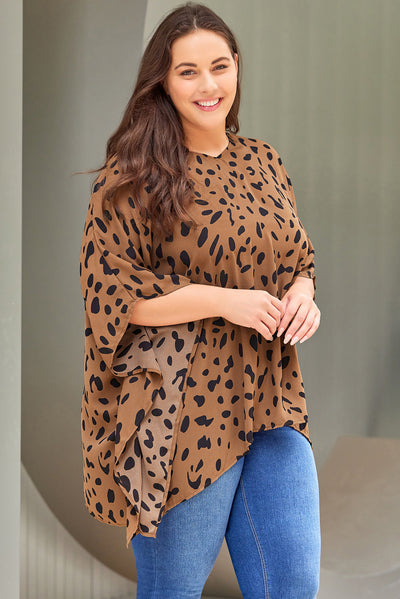 Plus Size Leopard Batwing Sleeve Tunic Top-Plus Size-MomFashion