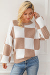 Checkered Ribbed Knit Puff Sleeve Sweater-Tops-MomFashion