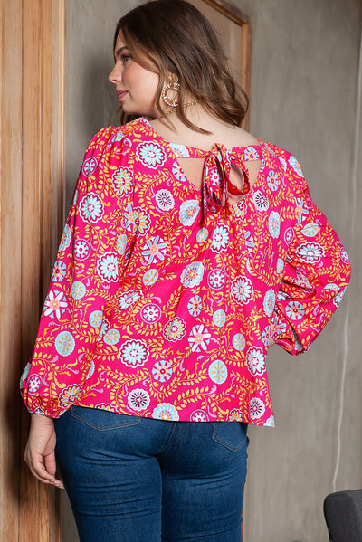 Pink Plus Size Square Neck Floral Blouse-Plus Size-MomFashion