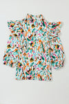 Multicolor Abstract Print 3/4 Puff Sleeve Ruffle Blouse-Tops-MomFashion