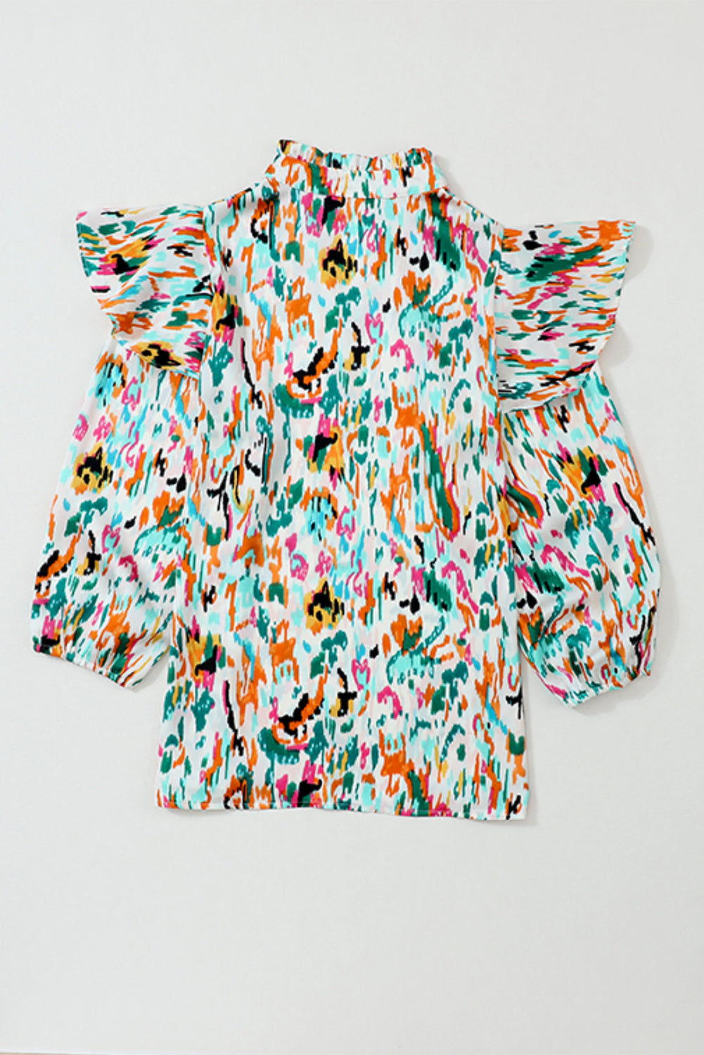 Multicolor Abstract Print 3/4 Puff Sleeve Ruffle Blouse-Tops-MomFashion