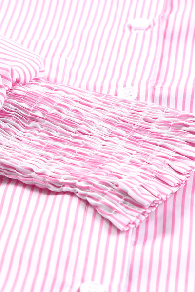 Pink Smocked Cuffed Striped Boyfriend Shirt with Pocket-Tops-MomFashion